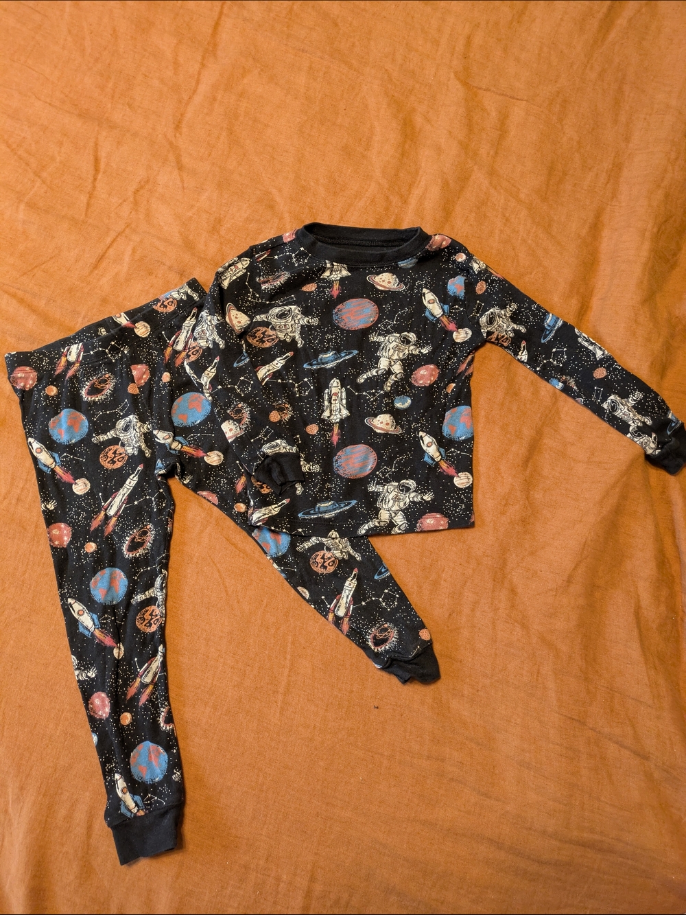 Kids Space Rocket Pajama Set - Black with Blue & Red Planets